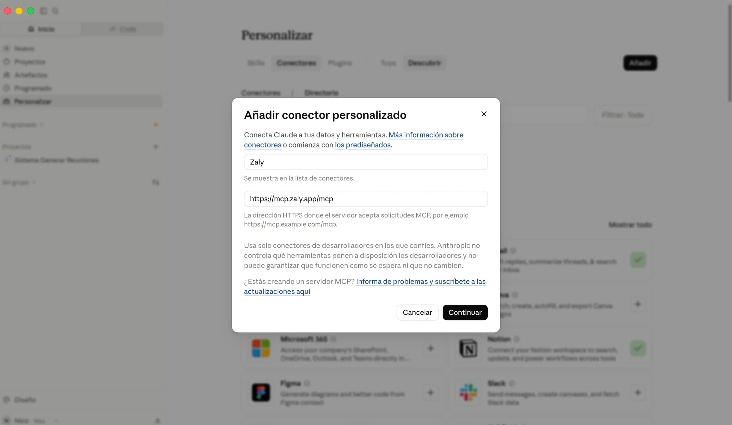 Añade Zaly como conector