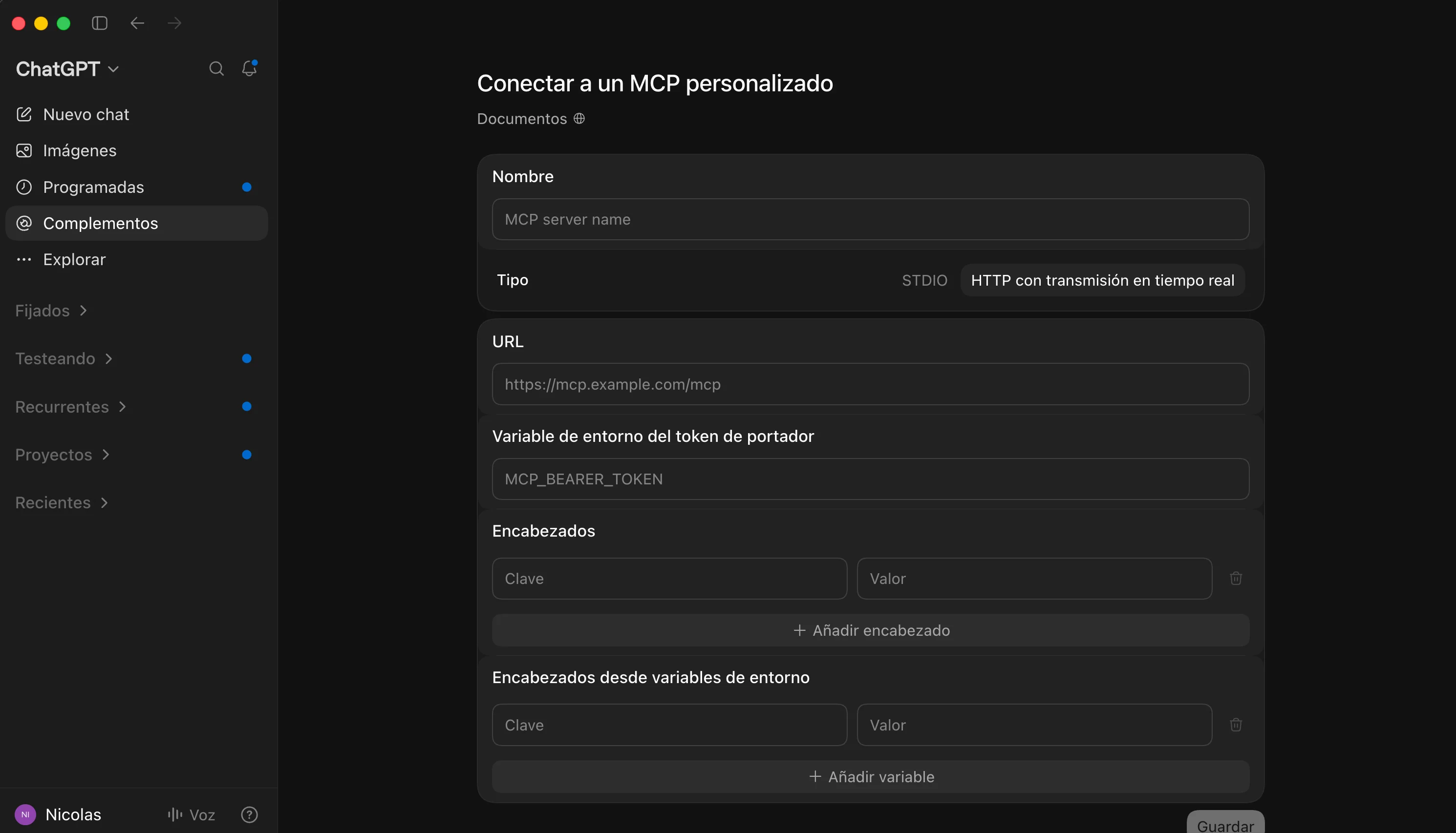 Formulario de alta con HTTP con transmisión en tiempo real seleccionado. Los campos están vacíos.