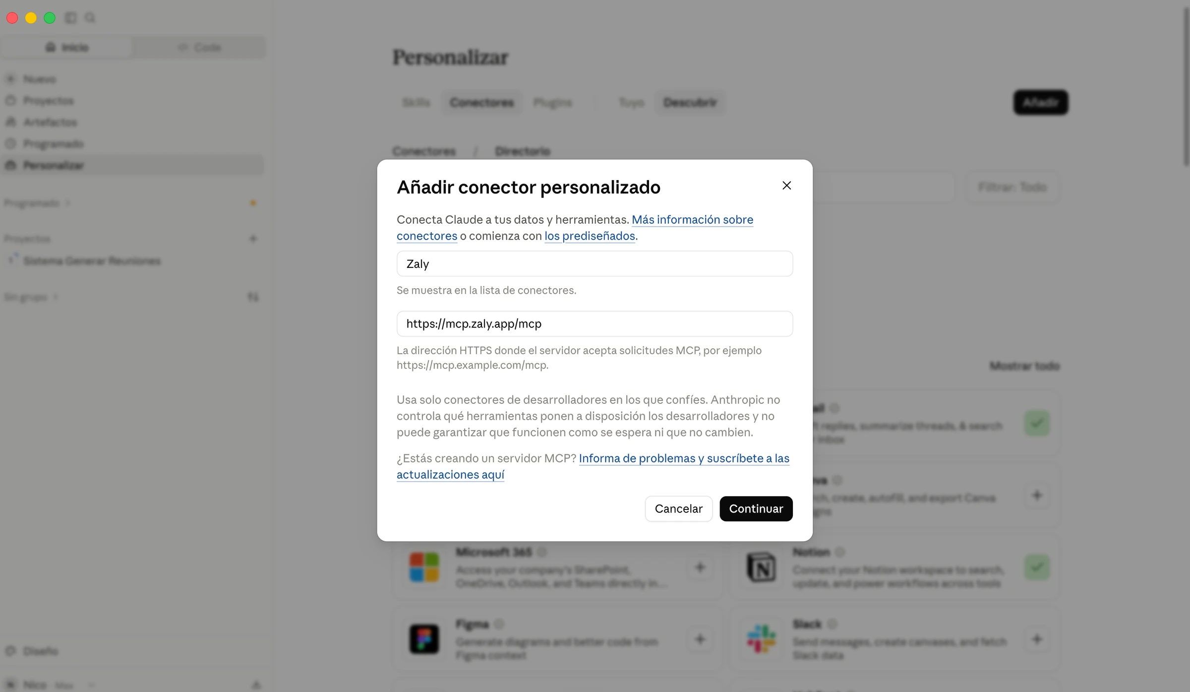 El formulario debe mostrar Zaly como nombre y https://mcp.zaly.app/mcp como dirección. Después, pulsa Continuar.