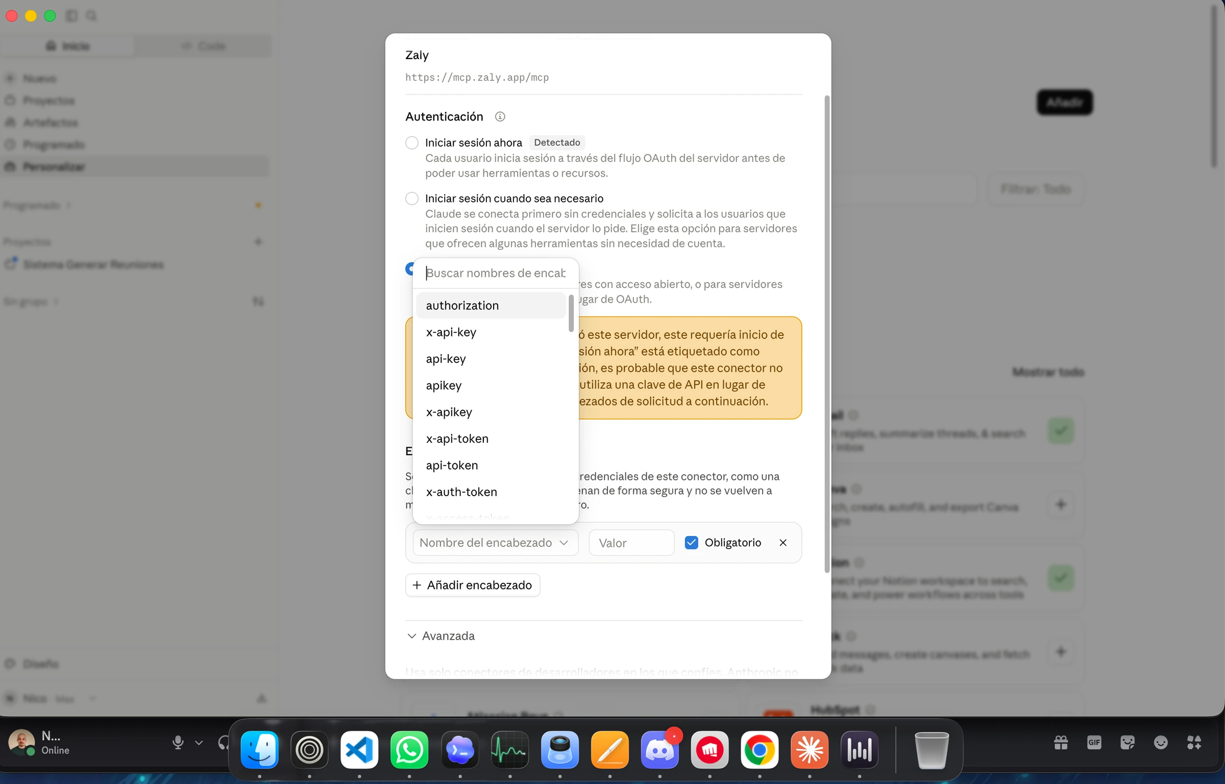 Abre el desplegable Nombre del encabezado y selecciona authorization. El resto de la ventana se mantiene visible para que puedas localizar este campo.
