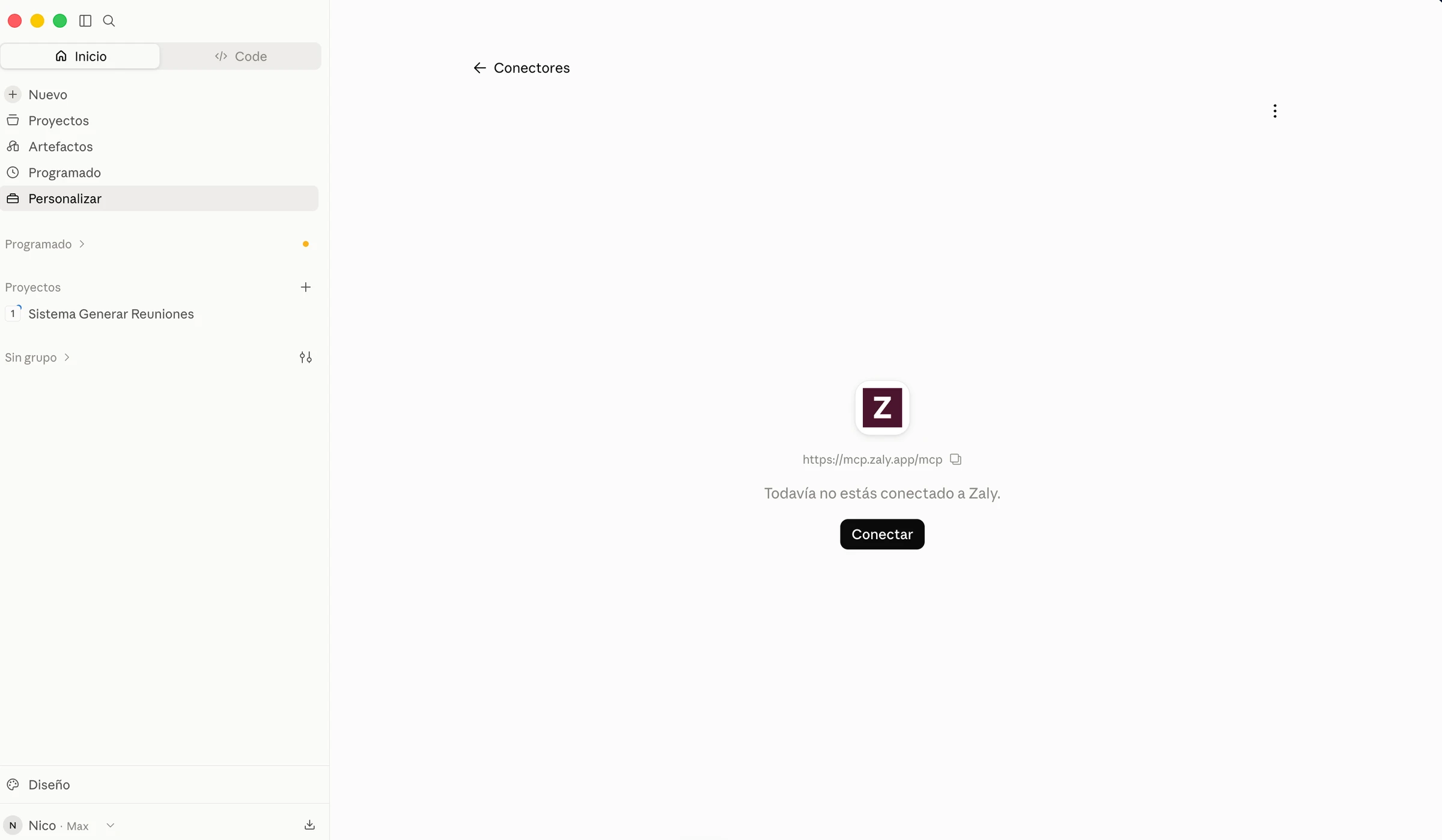 Esta pantalla aparece después de guardar el conector. Pulsa Conectar para iniciar la conexión con Zaly.
