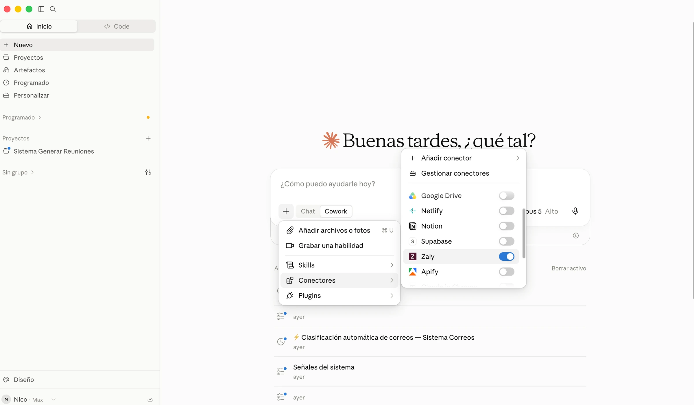 En una conversación nueva, abre +, entra en Conectores y activa Zaly. El interruptor azul indica que está seleccionado. La captura muestra el modo Cowork.