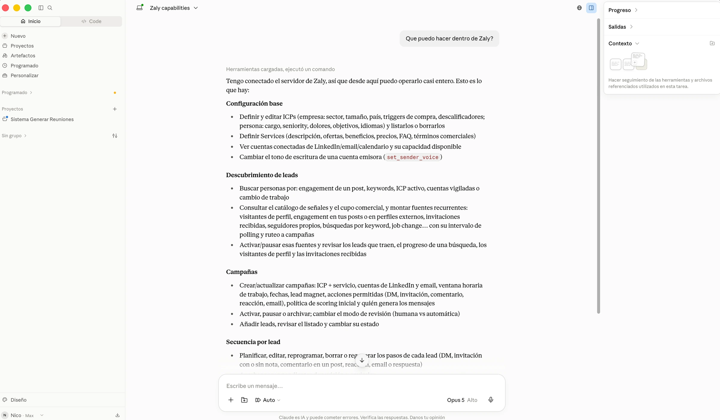 Una vez conectado, puedes preguntar por las funciones de Zaly. La captura muestra una respuesta de ejemplo.